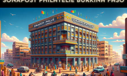 A full horizontal image depicting the SONAPOST Philatélie building in Burkina Faso, ensuring the entire scene occupies the frame without cropping the sides. This building reflects a blend of modern and traditional African architectural styles, characterized by its vibrant colors and geometric patterns. The front of the building is adorned with a large sign that reads 'SONAPOST Philatélie - Burkina Faso' and includes the URL 'https://www.cryptostampstop.com/' displayed prominently. The scene is bustling with activity, featuring local people in a mix of traditional and contemporary attire, vehicles such as cars and motorcycles typical of the region, and the Burkina Faso flag waving in the breeze. The background captures the essence of a lively urban area in Burkina Faso, under a clear blue sky.