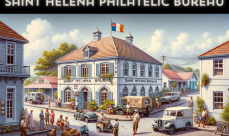 A horizontal image depicting the Saint Helena Philatelic Bureau, including local people, vehicles, and the Saint Helena flag. The scene is set in a quaint, historic setting typical of Saint Helena. The Bureau building is a charming, one-story structure with a colonial architectural style, featuring white walls and a pitched roof. Local people in casual attire are seen walking and interacting near the building, reflecting the island's laid-back lifestyle. A few characteristic local vehicles, such as small cars and utility vehicles, are parked or moving along the nearby street. The Saint Helena flag is prominently displayed, either on a flagpole or on the building, adding a touch of local pride. The surrounding environment includes some greenery and a clear sky, emphasizing the island's serene atmosphere.