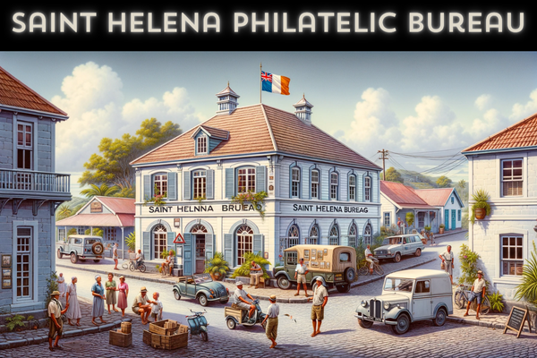 A horizontal image depicting the Saint Helena Philatelic Bureau, including local people, vehicles, and the Saint Helena flag. The scene is set in a quaint, historic setting typical of Saint Helena. The Bureau building is a charming, one-story structure with a colonial architectural style, featuring white walls and a pitched roof. Local people in casual attire are seen walking and interacting near the building, reflecting the island's laid-back lifestyle. A few characteristic local vehicles, such as small cars and utility vehicles, are parked or moving along the nearby street. The Saint Helena flag is prominently displayed, either on a flagpole or on the building, adding a touch of local pride. The surrounding environment includes some greenery and a clear sky, emphasizing the island's serene atmosphere.