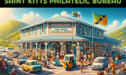 A horizontal image depicting the Saint Kitts Postal Services Philatelic Bureau in Saint Kitts and Nevis, bustling with local life. The scene includes local people and vehicles. The people, dressed in a mix of tropical casual and business attire, reflect the diverse and vibrant culture of the Caribbean island. They are seen engaging in daily activities, walking, and interacting near the Philatelic Bureau. Various local vehicles, such as small cars and scooters, are visible on the streets, adding to the lively atmosphere. The Saint Kitts and Nevis flag is prominently displayed, either on a flagpole or on the building, symbolizing national pride. The architecture of the bureau is a blend of colonial and modern Caribbean styles, with bright colors and large windows.