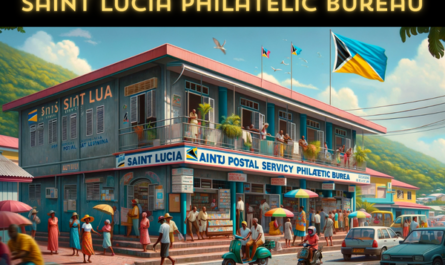 A horizontal image depicting the Saint Lucia Postal Service Philatelic Bureau, bustling with local life. The scene captures the vibrant Caribbean atmosphere, with local people in colorful attire typical of Saint Lucia, moving about their daily activities. They are walking, chatting, and some are entering or exiting the Bureau. The street is lined with a mix of local vehicles, including cars and scooters, reflecting the lively urban environment. Prominently displayed is the flag of Saint Lucia, perhaps on a flagpole or draped from the building, symbolizing national pride. The architecture of the Bureau blends modern and Caribbean styles, with bright colors and a welcoming entrance.