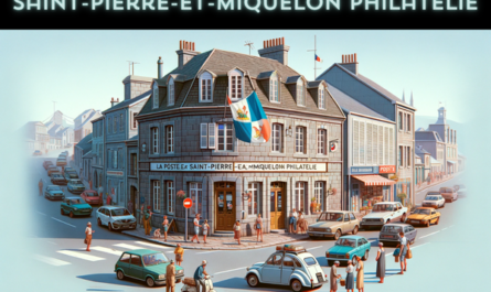 A horizontal image depicting La Poste Saint-Pierre-et-Miquelon Philatélie building, including local people, vehicles, and the flag of Saint-Pierre-et-Miquelon. The building reflects a quaint, European architectural style, typical of this small French overseas collectivity. It's a two-story, stone building with a sloping roof and a prominent entrance. The scene is lively with locals in a mix of French and island-style clothing. People are seen walking, conversing, and going about their day. Nearby, typical European vehicles like small cars and scooters are parked or moving along the street. The flag of Saint-Pierre-et-Miquelon, with its distinct design, is prominently displayed, adding a sense of local pride and identity. The backdrop is an urban yet charming street, with clear skies.