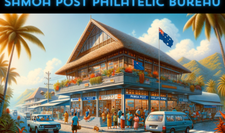 A horizontal image depicting the Samoa Post Philatelic Bureau, including local people, vehicles, and the Samoan flag. The building is designed in a style that blends modern and traditional Samoan architectural elements, featuring a thatched roof, wooden structures, and large windows. It's a single-story building set in a tropical landscape with palm trees. The scene is lively, with local Samoans in colorful attire, some walking and others conversing near the building. The area is bustling with typical Samoan vehicles like small cars and scooters. The Samoan flag is displayed prominently, either on a flagpole or on the building, symbolizing national pride. The setting is a sunny day with a clear blue sky, typical of the Samoan islands.