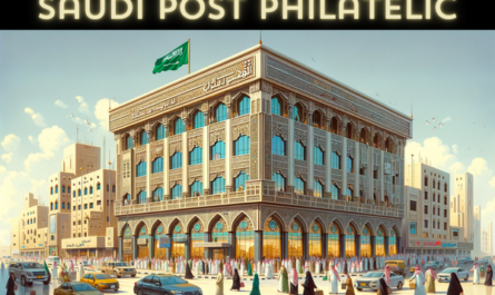 A horizontal image depicting the Saudi Post Philatelic building, bustling with local life. The building reflects a modern architectural style infused with traditional Saudi elements, like ornate patterns and a sandy color palette. It's a two-story structure with large glass windows and an elegant entrance. The scene around the building is lively, with local Saudi people in a mix of traditional and contemporary attire. They are seen walking, conversing, and going about their daily routines. The streets are filled with local vehicles such as cars and small trucks, depicting a typical urban Saudi environment. A Saudi Arabian flag is prominently displayed, either on a flagpole or on the building, symbolizing national pride. The atmosphere is vibrant under a clear blue sky.