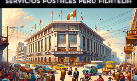 A horizontal image of the 'Servicios Postales del Perú Filatelia' building, including local people, vehicles, and the Peruvian flag. The scene depicts a vibrant and bustling street in Peru. The building features a contemporary architectural style with a hint of traditional Peruvian elements. People in various attire, including traditional Peruvian clothing, are seen walking, conversing, and engaging in daily activities. The streets are filled with local vehicles such as cars, buses, and motorcycles, reflecting the lively urban environment. The Peruvian flag is prominently displayed, either flying on a flagpole or draped on the building, symbolizing national pride. The sky is clear and bright, enhancing the lively atmosphere of the scene.