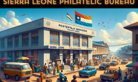 A horizontal image depicting the Sierra Leone Postal Services Philatelic Bureau building, now bustling with local people and vehicles. The scene captures the vibrant street life in Sierra Leone. There are people in a mix of traditional and modern attire, indicative of the cultural diversity. They are walking, conversing, and engaging in daily activities around the building. Some are entering and exiting the Philatelic Bureau. The streets are dotted with local vehicles, including cars and motorcycles, adding to the lively atmosphere. Prominently, the Sierra Leone flag is displayed, either on a flagpole or on the building itself, symbolizing national pride. The building maintains its unique architectural style, reflecting the local environment and culture.