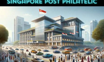 A horizontal image depicting the Singapore Post Philatelic building, bustling with local people and vehicles, and displaying the Singaporean flag. The scene is set in an urban area of Singapore, capturing the city's modern vibe. The building itself is a blend of contemporary and Asian architectural styles, featuring sleek lines and a glass facade. It's surrounded by a crowd of local people in diverse attire, representing Singapore's multicultural society. The streets are busy with a mix of Singaporean vehicles, including cars, taxis, and buses. Prominently, the Singaporean flag is displayed, either on a flagpole or on the building, symbolizing national identity. The atmosphere is lively and dynamic, typical of a day in Singapore.