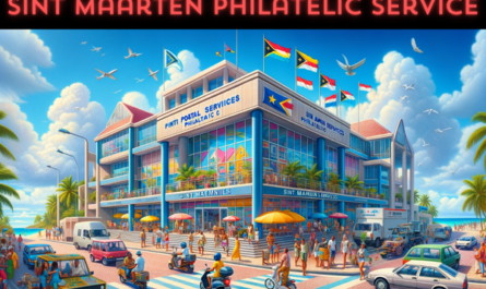 A horizontal image of the Sint Maarten Postal Services Philatelic building, incorporating local people, vehicles, and the flag of Sint Maarten. The scene depicts a vibrant Caribbean atmosphere with people in tropical attire, reflecting the island's diverse culture. They are walking, socializing, and conducting daily activities around the building. Local vehicles, such as cars and scooters, are present, adding to the bustling environment. The building itself combines modern and Caribbean architectural styles, featuring bright colors and a welcoming entrance. Prominently displayed is the flag of Sint Maarten, either on a flagpole or on the building, symbolizing the island's identity. The background is filled with clear blue skies and palm trees, typical of the Caribbean landscape.