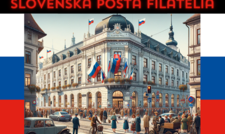 A horizontal image of the Slovenská Pošta Filatelia building in Slovakia, incorporating local people, vehicles, and the Slovakian flag. The scene depicts a vibrant street setting typical of a Slovakian city. People are seen in a mixture of traditional Slovakian dress and modern attire, engaging in daily activities, walking, and interacting near the building. The street is bustling with local vehicles, including cars and bicycles, adding a lively atmosphere to the setting. The Slovakian flag is prominently displayed, either on a flagpole or on the building, symbolizing national pride. The building itself reflects a blend of modern and traditional Slovakian architectural styles, with a distinct European influence.