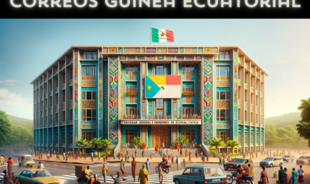 A full horizontal image of the Sociedad General de Correos de Guinea Ecuatorial Filatelia building in Equatorial Guinea, with people, vehicles, and the national flag. The building reflects a blend of modern and African architectural styles, featuring a colorful facade with patterns inspired by local art. It's a two-story structure with large windows and a prominent entrance. The scene is vibrant, with local people in a mix of traditional African and contemporary attire. They are walking, talking, and engaging in daily activities. The street is alive with typical Equatorial Guinean vehicles like cars and motorbikes. The flag of Equatorial Guinea is displayed prominently, adding a patriotic touch to the lively urban environment. The sky is clear, showcasing a typical day in Equatorial Guinea.