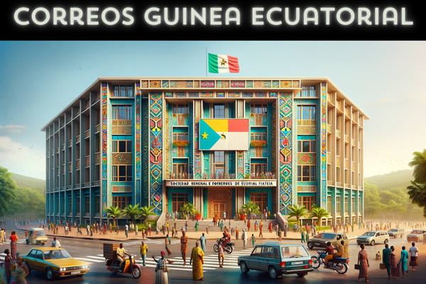 A full horizontal image of the Sociedad General de Correos de Guinea Ecuatorial Filatelia building in Equatorial Guinea, with people, vehicles, and the national flag. The building reflects a blend of modern and African architectural styles, featuring a colorful facade with patterns inspired by local art. It's a two-story structure with large windows and a prominent entrance. The scene is vibrant, with local people in a mix of traditional African and contemporary attire. They are walking, talking, and engaging in daily activities. The street is alive with typical Equatorial Guinean vehicles like cars and motorbikes. The flag of Equatorial Guinea is displayed prominently, adding a patriotic touch to the lively urban environment. The sky is clear, showcasing a typical day in Equatorial Guinea.