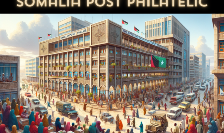 A horizontal image depicting the Somalia Post Philatelic building, now bustling with local life. The scene captures the essence of a busy Somali street. Local people in a blend of traditional Somali attire and modern clothing are seen walking, talking, and engaging in daily activities around the building. Some are entering and exiting the Somalia Post Philatelic building, which showcases a mix of modern and traditional Somali architecture, including a flat roof and arched windows. The streets are alive with local vehicles such as cars and motorcycles. Additionally, the Somali flag is prominently displayed, either on a flagpole or on the building itself, symbolizing national pride. The setting is urban with clear skies, highlighting the vibrancy of Somali life.