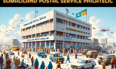 A horizontal image depicting the Somaliland Postal Service Philatelic building, surrounded by local people, vehicles, and the Somaliland flag. The building is designed in a simple, modern architectural style, with a two-story structure featuring a flat roof and large windows. Around the building, there are local people wearing a mix of traditional Somali attire and modern clothing. They are engaged in various activities such as walking, talking, and entering the building. The streets are bustling with local vehicles like cars and motorcycles, adding a sense of daily life in Somaliland. Prominently displayed is the flag of Somaliland, either on a flagpole or attached to the building, showcasing national pride. The atmosphere is lively and depicts a typical day in urban Somaliland.