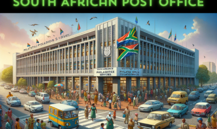 A horizontal image of the South African Post Office Philatelic Services building, including local people and vehicles. The setting is vibrant and lively, reflecting a typical urban environment in South Africa. There are people in various attire, some in traditional South African clothing and others in modern western wear, actively engaging around the building. They are seen walking, talking, and some are entering or leaving the building. The streets are bustling with local vehicles such as cars and minivans, adding a dynamic atmosphere. Prominently featured is the South African flag, displayed on a flagpole or the building itself, symbolizing national pride. The building's architecture is a blend of modern and traditional South African styles, with large windows and distinctive African design elements.