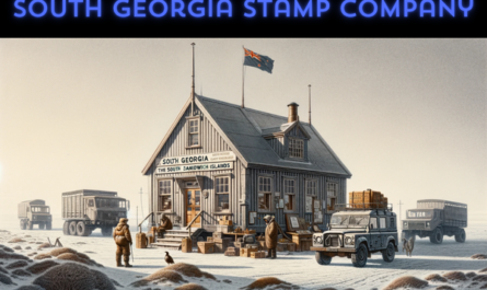 A horizontal image depicting a scene at the South Georgia and the South Sandwich Islands Stamp Company. The setting is a small, remote building reflecting a simple, rugged architectural style suited to the harsh climate of the islands. The structure is modest, with a sturdy, weather-resistant design, featuring large windows and a prominently displayed company sign. Surrounding the building is a sparse landscape with a few hardy plants. The scene includes a few local people dressed in heavy, warm clothing suitable for the cold environment, and a small, sturdy vehicle, like an all-terrain vehicle, parked nearby. A flagpole is present, flying the flag of South Georgia and the South Sandwich Islands, adding a touch of local identity to the scene.