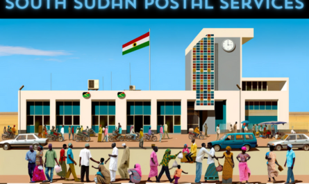 A horizontal image depicting the African Postal Philatelic building, now bustling with local people and vehicles. The scene captures a typical African urban setting, with diverse individuals wearing a mix of traditional African and modern casual clothing. They are engaged in various activities like walking, talking, and interacting near the building. The streets are alive with local vehicles, including cars and motorcycles, representing the dynamism of African cities. A flag, representative of a generic African nation, is prominently displayed on a flagpole or on the building itself. The building reflects a modern African architectural style, with bold geometric shapes and vibrant colors, standing against a clear blue sky.