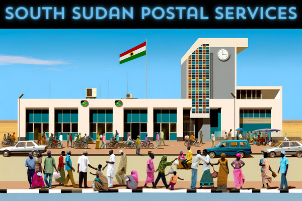 A horizontal image depicting the African Postal Philatelic building, now bustling with local people and vehicles. The scene captures a typical African urban setting, with diverse individuals wearing a mix of traditional African and modern casual clothing. They are engaged in various activities like walking, talking, and interacting near the building. The streets are alive with local vehicles, including cars and motorcycles, representing the dynamism of African cities. A flag, representative of a generic African nation, is prominently displayed on a flagpole or on the building itself. The building reflects a modern African architectural style, with bold geometric shapes and vibrant colors, standing against a clear blue sky.