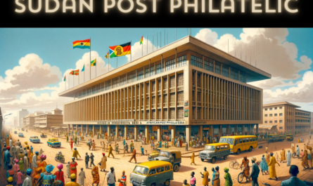 A horizontal image depicting the African Post Philatelic building, now bustling with local people and vehicles. The scene is vibrant, capturing the essence of a bustling African city. Local people in a mix of traditional African attire and modern clothing are seen walking, conversing, and engaging in various activities around the building. The streets are alive with typical African vehicles like minibuses and motorcycles, adding a sense of local dynamism. A prominent flag, representative of an African nation, is displayed either on a flagpole or on the building, symbolizing the diverse cultural heritage of the continent. The architecture of the building blends modern elements with traditional African designs, featuring a flat roof and large windows.