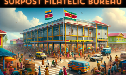 A horizontal image of the Surpost Filatelic Bureau in Suriname, including local people, vehicles, and the Surinamese flag. The scene depicts a lively and colorful street environment typical of Suriname. The building is designed in a modern Caribbean architectural style with bright colors and large windows. Local people in a mix of traditional and modern clothing are seen walking, socializing, and conducting their daily activities around the building. The street is bustling with various local vehicles such as cars, bicycles, and perhaps a small bus. The Surinamese flag is prominently displayed, either flying on a flagpole or hanging from the building, symbolizing national pride. The setting is vibrant, reflecting the diverse culture of Suriname.