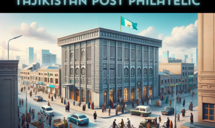 A horizontal image of the Tajikistan Post Philatelic building, now including local people, vehicles, and the Tajik flag. The setting is an urban street scene in Tajikistan. The building itself combines modern and traditional Tajik architectural styles, featuring a flat roof and intricate geometric patterns on its facade. Around the building, local people in a mix of traditional Tajik and modern clothing are seen going about their daily lives, some entering and exiting the building. The street is filled with a variety of local vehicles, such as cars and bicycles, adding a sense of everyday activity. Prominently displayed is the Tajik flag, either flying on a flagpole or affixed to the building, symbolizing national pride and identity. The atmosphere is lively and captures the essence of Tajik urban life.