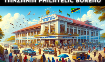 A horizontal image depicting the Tanzania Posts Corporation Philatelic Bureau, with local people, vehicles, and the Tanzanian flag. The scene is vibrant and bustling with the daily life of Tanzania. Local people in a mix of traditional Tanzanian attire and modern clothing are seen walking, conversing, and engaging in various activities around the building. There are typical Tanzanian vehicles, including cars, motorcycles, and possibly bicycles, adding a sense of liveliness. The Tanzanian flag is prominently displayed, symbolizing national pride. The building itself reflects a blend of modern and traditional African architectural styles, fitting seamlessly into the lively urban environment.