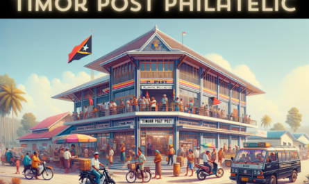 A horizontal image depicting the Timor Post Philatelic building in Timor-Leste, with local people, vehicles, and the national flag. The building features a blend of modern and traditional Timorese architectural styles, with a color palette reflecting the tropical environment. It's a two-story structure with a unique roof design and large windows. The scene is bustling with local people in a mix of traditional Timorese and contemporary clothing. They are engaged in daily activities, some entering the building, others chatting nearby. Various local vehicles, like motorcycles and small cars, are seen on the street, adding to the lively atmosphere. The Timor-Leste flag is prominently displayed, symbolizing national pride. The background is a clear sky, typical of a bright day in Timor-Leste.