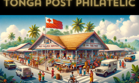 A horizontal image depicting the Tonga Post Philatelic Service building, including local people, vehicles, and the Tongan flag. The building has a tropical Polynesian architectural style, with a thatched roof and wooden structures. It's a single-story building, painted in bright, vibrant colors. Around the building, there are local Tongans in traditional and modern attire, reflecting the cultural diversity of the island. Some are walking by or interacting near the building. The streets are filled with typical local vehicles, such as small trucks and bicycles, set against a backdrop of lush greenery. The Tongan flag is prominently displayed, either on a flagpole or attached to the building, symbolizing national identity. The sky is bright and sunny, typical of a South Pacific island day.