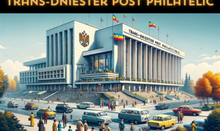 A horizontal image of the Trans-Dniester Post Philatelic building in Transnistria, featuring local people and vehicles. The building is modern, with a distinctive Eastern European architectural style, showcasing a mix of concrete and glass. It's a two-story structure with a flat roof and large windows. The scene is vibrant, depicting daily life in Transnistria. People in a variety of attire, reflecting the local culture, are seen walking, talking, and engaging in daily activities around the building. The streets are lined with typical Eastern European vehicles like cars and motorcycles. A prominent feature is the Transnistrian flag, displayed on a flagpole or the building, symbolizing local pride. The setting is urban, with clear skies and a lively ambiance.