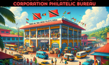 A horizontal image of the Trinidad and Tobago Postal Corporation Philatelic Bureau, featuring local people, vehicles, and the national flag. The scene is vibrant and colorful, reflecting the lively Caribbean atmosphere. Local people are seen in tropical attire, with some in traditional Trinidadian and Tobagonian dress. They are walking, chatting, and engaging in daily activities around the building. The street is bustling with local vehicles, including cars and minibuses, typical of the island's transport. Prominently displayed is the flag of Trinidad and Tobago, either on a flagpole or attached to the building, adding a patriotic touch to the scene. The building itself is a blend of modern and Caribbean architectural styles, with bright colors and large windows, set under a clear, sunny sky.