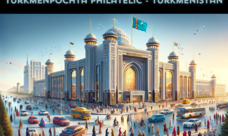 A horizontal image depicting the Turkmenpochta Philatelic building in Turkmenistan, including local people, vehicles, and the Turkmenistan flag. The building reflects a unique blend of modern and traditional Turkmen architecture, with ornate designs and a grand entrance. The scene is vibrant with local people in a mix of traditional Turkmen dress and modern clothing, bustling around the building. They are seen walking, talking, and engaging in various activities. The streets are dotted with local vehicles, such as cars and bicycles, adding to the lively atmosphere. Prominently displayed is the Turkmenistan flag, either on a flagpole or attached to the building, symbolizing national pride. The setting is an urban area with a clear sky, reflecting the dynamic culture of Turkmenistan.