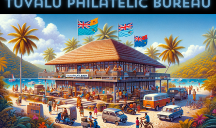 A horizontal image depicting the Tuvalu Philatelic Bureau building with local people, vehicles, and a Tuvaluan flag. The scene portrays a vibrant island atmosphere typical of Tuvalu. The building itself is designed in a Pacific island style, with a thatched roof, wooden structures, and large open windows. Around the building, local Tuvaluans are engaged in various activities, some walking and others conversing, dressed in a mix of traditional and casual modern attire. Nearby, there are several small vehicles like scooters and bicycles, common in island settings. Prominently displayed is the flag of Tuvalu, either flying on a flagpole or attached to the building, adding a touch of national pride to the scene. The background features a clear blue sky and lush greenery typical of the Pacific Islands.