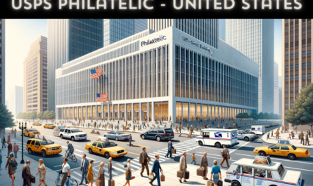 A horizontal image of the USPS Philatelic building in the United States, bustling with activity. The scene includes people and vehicles typical of an American urban environment. There are individuals in various styles of clothing - from business suits to casual wear - walking, conversing, and engaging in daily activities near the building. Some are seen using postal services. The streets are lined with American vehicles such as sedans, SUVs, and the iconic yellow cabs. The American flag is prominently displayed on a flagpole or on the building, symbolizing national pride. The USPS Philatelic building itself is modern, with a sleek design featuring glass and steel, reflecting the contemporary architectural style prevalent in American cities.