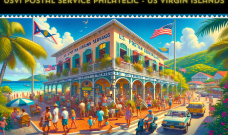 A horizontal image depicting a lively scene at the USVI Postal Service Philatelic in the US Virgin Islands. The setting is vibrant, with local people and tourists in a variety of attire, from casual to beachwear, reflecting the island's tropical climate. They are walking, chatting, and engaging in activities around the postal service building. The architecture of the building is Caribbean-style, with bright colors, large windows, and a welcoming entrance. The streets are bustling with local vehicles, including cars and scooters, typical of island life. Prominently featured is the flag of the US Virgin Islands, displayed on a flagpole or on the building, symbolizing the local identity. The background showcases a clear, sunny sky and some tropical vegetation.