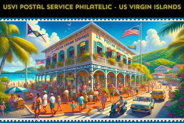 A horizontal image depicting a lively scene at the USVI Postal Service Philatelic in the US Virgin Islands. The setting is vibrant, with local people and tourists in a variety of attire, from casual to beachwear, reflecting the island's tropical climate. They are walking, chatting, and engaging in activities around the postal service building. The architecture of the building is Caribbean-style, with bright colors, large windows, and a welcoming entrance. The streets are bustling with local vehicles, including cars and scooters, typical of island life. Prominently featured is the flag of the US Virgin Islands, displayed on a flagpole or on the building, symbolizing the local identity. The background showcases a clear, sunny sky and some tropical vegetation.