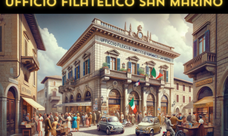 A horizontal image of the Ufficio Filatelico e Numismatico San Marino, bustling with people and local vehicles. The scene captures the charm of San Marino with locals and tourists in various attire, some in elegant European fashion, others in casual wear, exploring the area around the building. The building itself reflects traditional Italianate architecture, with a stone facade, large windows, and detailed carvings. The streets are alive with local Italian-style vehicles, including small cars and scooters. Prominently displayed is the flag of San Marino, either on a flagpole or attached to the building, symbolizing the pride of this small but historic republic. The atmosphere is lively and quintessentially European, under a clear blue sky.