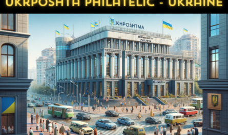 A horizontal image of the Ukrposhta Philatelic building in Ukraine, including local people, vehicles, and the Ukrainian flag. The scene depicts a lively urban environment with local Ukrainians in a mix of traditional and modern attire. They are engaged in various activities, such as walking, talking, and interacting near the building. The streets are bustling with typical Ukrainian vehicles like cars and buses, reflecting the dynamic nature of the city. The Ukrainian flag is prominently displayed, either on a flagpole or attached to the building, symbolizing national pride. The building itself blends modern architectural elements with traditional Ukrainian design, featuring a combination of glass and stone in its construction.