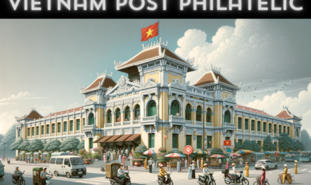 A horizontal image of the Vietnam Post Philatelic building, now including local people and vehicles. The scene is enriched with the presence of Vietnamese people in a mix of traditional and contemporary clothing, capturing the cultural diversity of Vietnam. They are walking, interacting, and engaged in daily activities around the building, some entering and exiting. The street is lined with typical Vietnamese vehicles, such as motorbikes and small cars, adding a dynamic urban feel. A Vietnamese flag is prominently displayed, either on a flagpole or on the building, symbolizing national pride. The building itself combines modern and traditional Vietnamese architectural elements, with a pagoda-style roof and intricate carvings, set against a clear sky.