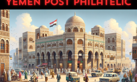 A horizontal image of the Yemen Post Philatelic building, now including local people and vehicles. The scene depicts a vibrant street life with local Yemeni people in traditional and modern attire. They are walking, conversing, and going about their daily activities near the building. Some are entering and exiting the building. Along the street, there are typical Yemeni vehicles, such as compact cars and motorbikes, adding a sense of liveliness to the scene. A Yemeni flag is displayed prominently, either on a flagpole or hanging from the building, adding a patriotic touch to the setting. The building maintains its Middle Eastern architectural style with arched doorways, intricate designs, and a dome-shaped roof, built with sand-colored stones and bricks.