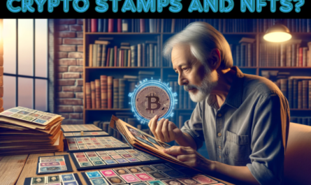 Imagine a scene where a man in his 50s is sitting in his home, surrounded by philatelic albums. He is intently examining a collection of traditional postage stamps. In his hand, he holds a 'Crypto Stamp', a unique digital postage stamp, distinguished by its modern, cryptographic design. The man has a thoughtful expression, as if he's pondering the connection between traditional stamps and the emerging world of NFTs and digital collectibles. The room has a cozy, personal feel, with shelves of books and stamp albums, and a warm, ambient light filling the space. This setting combines the traditional hobby of stamp collecting with the intriguing concept of digital collectibles.