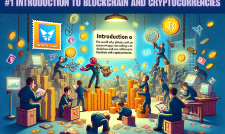 Design a horizontal image in the style of Pixar animation that covers the theme of philately and Crypto Stamps, focusing on the topic: Introduction to Blockchain and Cryptocurrencies. The image should creatively merge the world of traditional stamp collecting with the innovative realm of blockchain and cryptocurrencies. Visualize a scene where animated characters, perhaps in the form of stamps, are interacting with digital elements symbolizing blockchain technology, like chains of blocks, digital ledgers, or cryptocurrency symbols. The artwork should be educational yet engaging, aiming to introduce the viewer to the basics of blockchain and cryptocurrencies. Include the URL 'https://www.cryptostampstop.com/' prominently in the design.