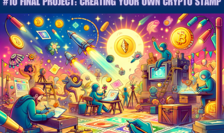 Create a horizontal, Pixar-style image depicting the theme 'Final Project: Creating Your Own Crypto Stamp'. The artwork should visually explore the concept of designing a unique Crypto Stamp, blending the world of philately with the digital realm of cryptocurrency and blockchain technology. Imagine a creative, engaging scene where characters or elements are involved in the artistic process of crafting a digital stamp, symbolizing innovation and the merging of traditional stamp collecting with modern tech. The scene should be vibrant, colorful, and imaginative, embodying the spirit of invention in the digital age. Include the URL 'https://www.cryptostampstop.com/' prominently in the design.