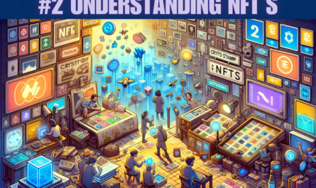 Craft a horizontal image in the Pixar animation style that covers the theme of philately and Crypto Stamps, focusing on the concept of 'Understanding NFTs'. The image should creatively illustrate the world of digital collectibles, featuring characters or elements that are engaging in or discussing the nature of Non-Fungible Tokens (NFTs), set against a backdrop that suggests a blend of traditional stamp collecting with the innovative realm of blockchain technology. Visual metaphors that highlight the uniqueness, digital ownership, and trade of NFTs, such as digital albums, virtual stamp displays, or characters holding unique digital tokens, should be prominent. Ensure the URL 'https://www.cryptostampstop.com/' is seamlessly integrated into the image, enhancing its thematic relevance.