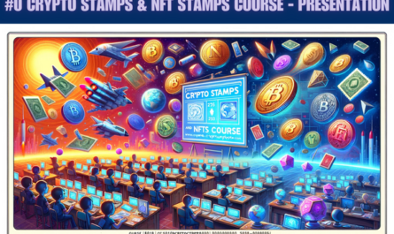 Create a horizontal Pixar-style image for a course presentation titled "CRYPTO STAMPS AND NFT STAMPS COURSE". The artwork should visually represent the world of philately blended with the innovative realm of Crypto Stamps and NFTs, showcasing a dynamic, educational setting. Imagine a classroom or a digital learning environment where elements of traditional stamp collecting merge with futuristic, blockchain-based stamps. The design should be engaging, colorful, and informative, appealing to both stamp enthusiasts and digital collectors. Include the URL 'https://www.cryptostampstop.com/' in the design, subtly incorporated to maintain the thematic coherence.