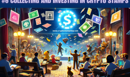 Create a horizontal, Pixar-style image focusing on the theme 'Collecting and Investing in Crypto Stamps'. The artwork should visually represent the world of philately blended with the innovative realm of Crypto Stamps. Imagine a scene where characters, inspired by the charm of Pixar animations, are engaging with both traditional stamps and futuristic, digital Crypto Stamps. The setting should reflect a vibrant and engaging atmosphere where the joy of stamp collecting meets the cutting-edge excitement of blockchain technology. Include the URL 'https://www.cryptostampstop.com/' in the image, subtly incorporated into the environment, ensuring it complements the overall theme.