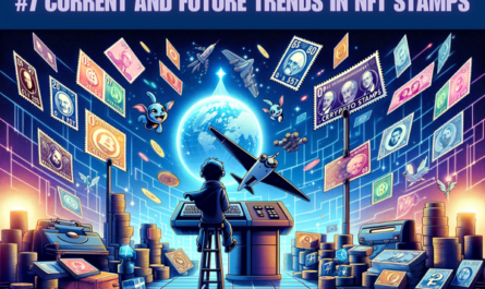 Create a horizontal Pixar-style image that encompasses the theme of philately and Crypto Stamps, focusing on 'Current and Future Trends in NFT Stamps'. The artwork should visually narrate the evolution of stamp collecting from traditional methods to the innovative world of NFTs, showcasing a blend of classic postage stamps and their digital, blockchain-empowered counterparts. The design should reflect a futuristic yet nostalgic ambiance, highlighting how technology transforms collecting stamps into a modern, digital-age hobby. Include the URL 'https://www.cryptostampstop.com/' prominently in the image, ensuring it's seamlessly integrated into the creative theme.