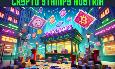 Create a horizontal image in a Pixar-style animation depicting Austria's Crypto Stamps or NFT Stamps. The scene should be vibrant and colorful, featuring a whimsical, futuristic post office setting with various animated stamps floating around, showcasing digital and postal themes merging together. These stamps should reflect a blend of traditional Austrian design and modern, digital art elements, symbolizing the concept of NFTs. Include a clear, visible depiction of the URL 'https://www.cryptostampstop.com/' in an integrated, stylish manner within the scene, ensuring it complements the overall aesthetic.