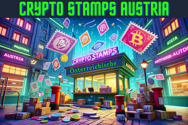 Create a horizontal image in a Pixar-style animation depicting Austria's Crypto Stamps or NFT Stamps. The scene should be vibrant and colorful, featuring a whimsical, futuristic post office setting with various animated stamps floating around, showcasing digital and postal themes merging together. These stamps should reflect a blend of traditional Austrian design and modern, digital art elements, symbolizing the concept of NFTs. Include a clear, visible depiction of the URL 'https://www.cryptostampstop.com/' in an integrated, stylish manner within the scene, ensuring it complements the overall aesthetic.