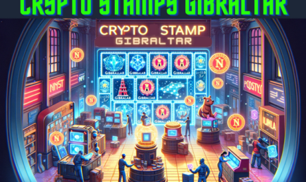 Create a horizontal image in a Pixar-style animation depicting the concept of 'Crypto Stamps' or 'NFT Stamps' from Gibraltar. The image should feature a vibrant, futuristic post office setting in Gibraltar, showcasing a variety of digital stamps that blend traditional philatelic design with futuristic, blockchain-inspired elements. These stamps should appear as glowing, holographic items, displaying iconic Gibraltar landmarks or symbols in a digital format. The scene should be lively, with animated characters, possibly robots or stylized humans, interacting with these digital stamps, emphasizing the blend of tradition and technology. https://cryptostampstop.com/