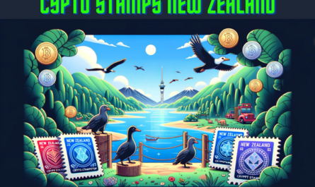 Imagine a horizontal, Pixar-style image depicting the concept of Crypto Stamps or NFT Stamps from New Zealand. The scene includes elements characteristic of New Zealand, like lush green landscapes, traditional Maori symbols, or iconic wildlife such as kiwi birds. The stamps themselves are animated in a charming, vibrant style, reflecting the high-quality digital art associated with NFTs. They display unique, digital designs that could represent New Zealand's culture or natural beauty. In the image, include the URL 'https://www.cryptostampstop.com/' in a subtle, integrated manner that complements the overall aesthetic.