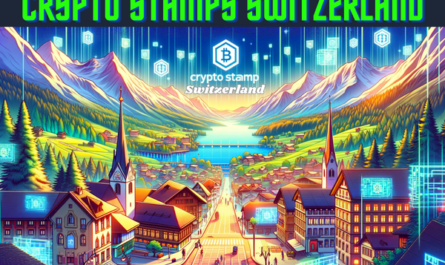 Create a horizontal image in a Pixar-style animation depicting the concept of 'Crypto Stamps' or 'NFT Stamps' themed around Switzerland. The image should feature a vibrant, digital landscape with elements symbolizing Switzerland, such as mountains, lakes, and traditional Swiss architecture, integrated with futuristic, digital motifs representing the blockchain and NFTs. The scene should be colorful, lively, and detailed, capturing the essence of a blend between traditional Swiss culture and modern digital technology. Include the URL 'https://www.cryptostampstop.com/' prominently displayed within the image, ensuring it's clearly readable and integrated into the overall design.